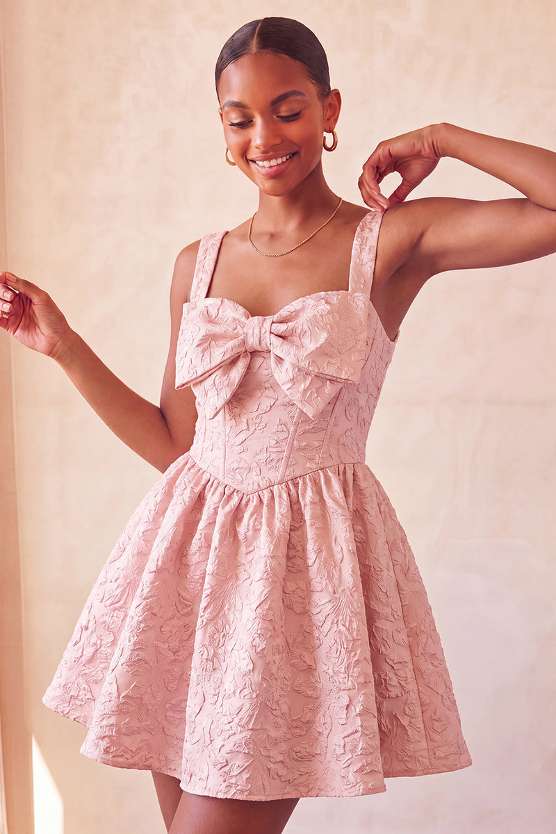 Load image into Gallery viewer, Pink Jacquard A Line Corset Short Cocktail Dress with Bow