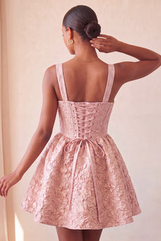 Pink Jacquard A Line Corset Short Cocktail Dress with Bow