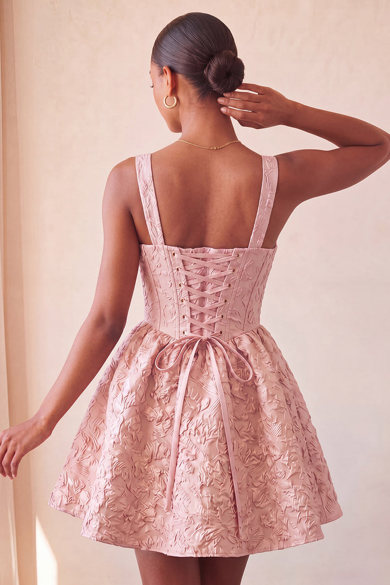 Load image into Gallery viewer, Pink Jacquard A Line Corset Short Cocktail Dress with Bow