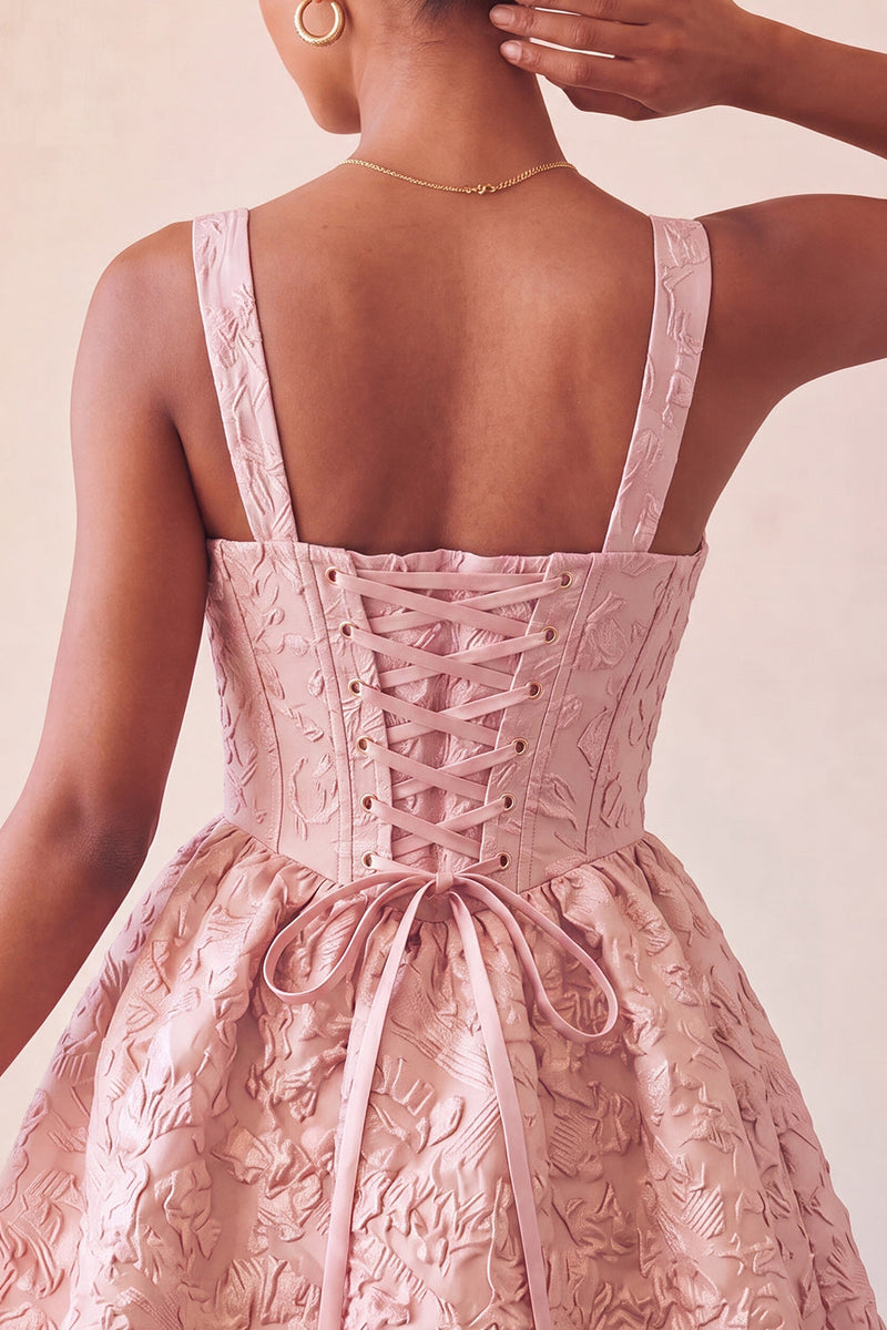 Load image into Gallery viewer, Pink Jacquard A Line Corset Short Cocktail Dress with Bow