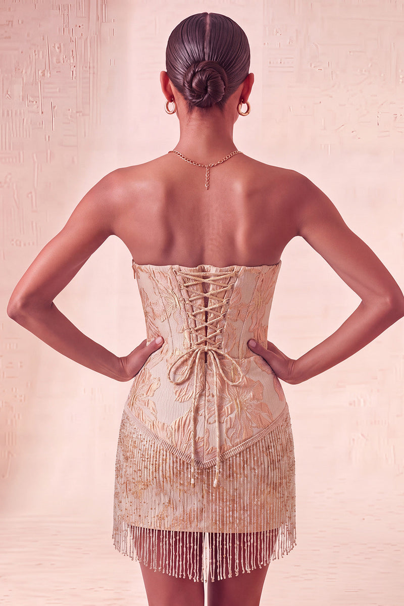 Load image into Gallery viewer, Light Blue Jacquard Tight Short Corset Cocktail Dress with Fringes