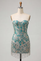 Load image into Gallery viewer, Light Blue Jacquard Tight Short Corset Cocktail Dress with Fringes