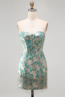 Load image into Gallery viewer, Light Blue Jacquard Tight Short Corset Cocktail Dress with Fringes