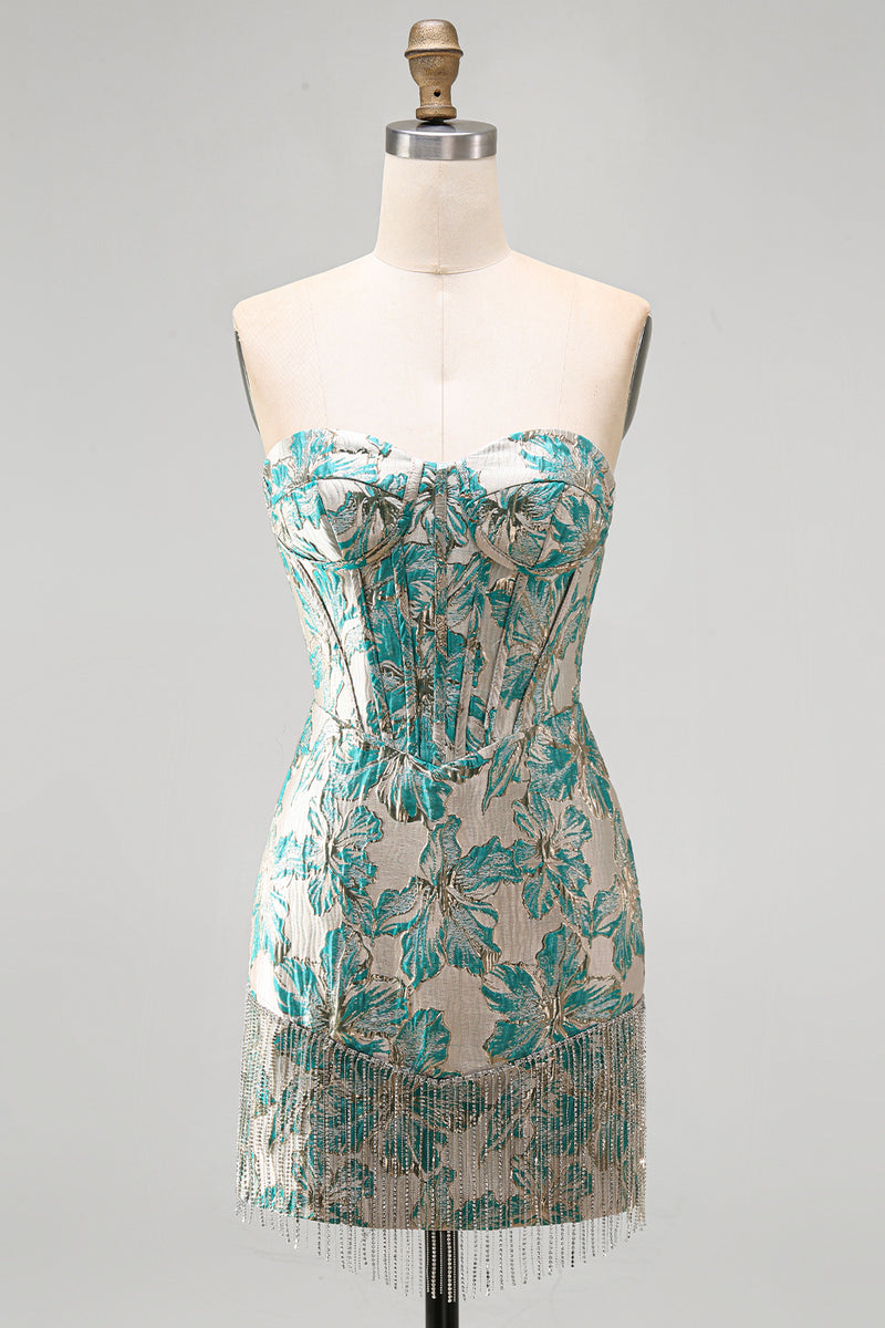 Load image into Gallery viewer, Light Blue Jacquard Tight Short Corset Cocktail Dress with Fringes