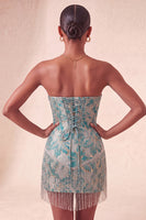 Load image into Gallery viewer, Light Blue Jacquard Tight Short Corset Cocktail Dress with Fringes