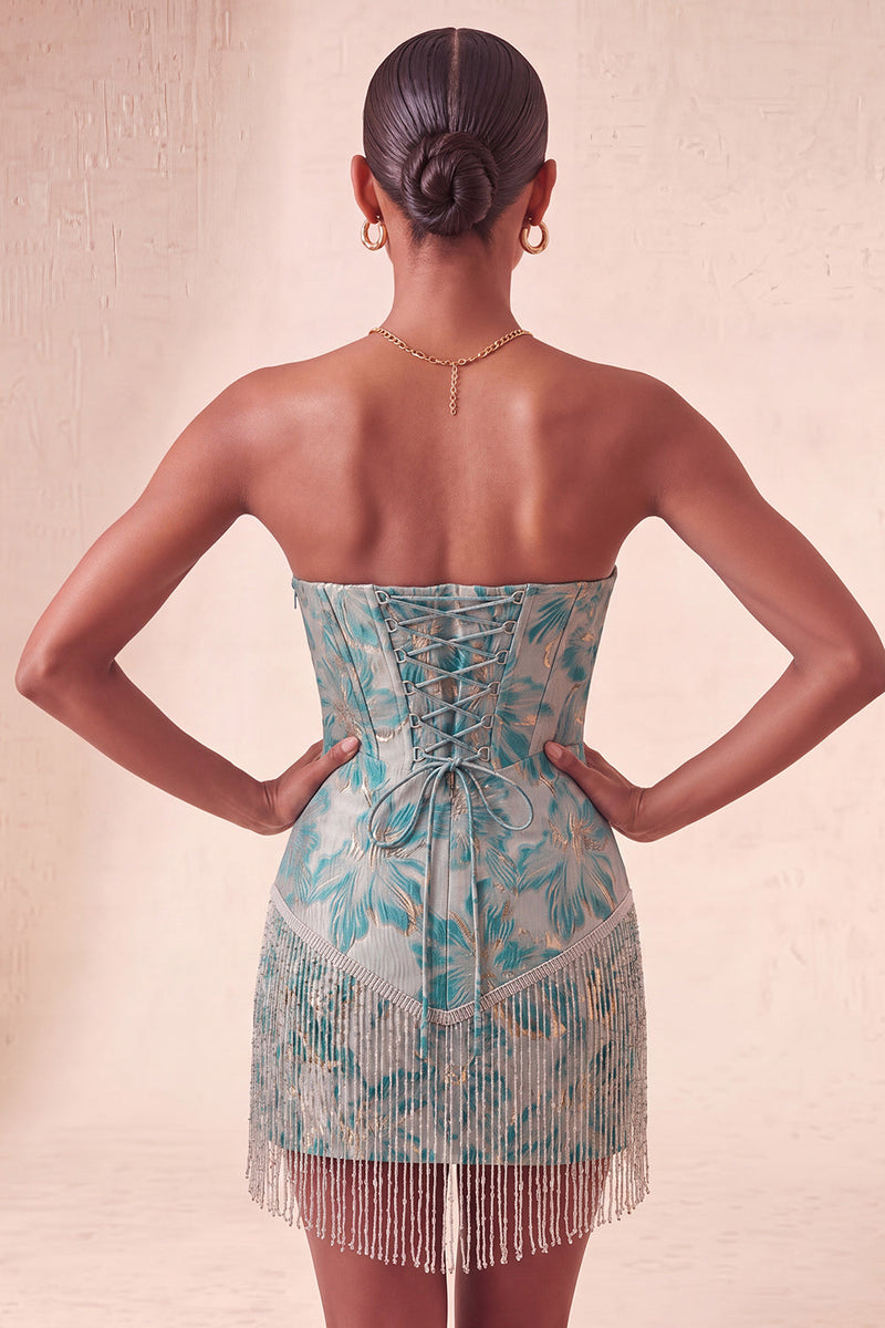 Load image into Gallery viewer, Light Blue Jacquard Tight Short Corset Cocktail Dress with Fringes