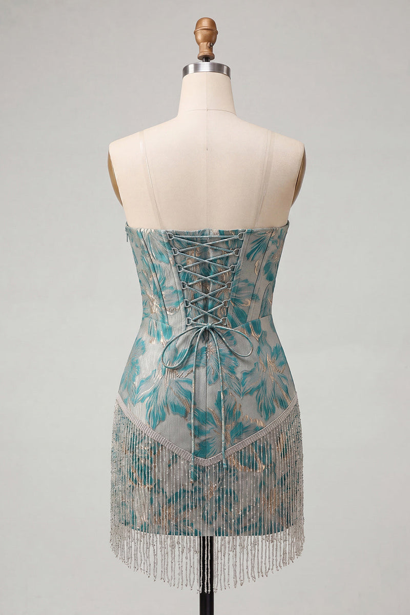 Load image into Gallery viewer, Light Blue Jacquard Tight Short Corset Cocktail Dress with Fringes