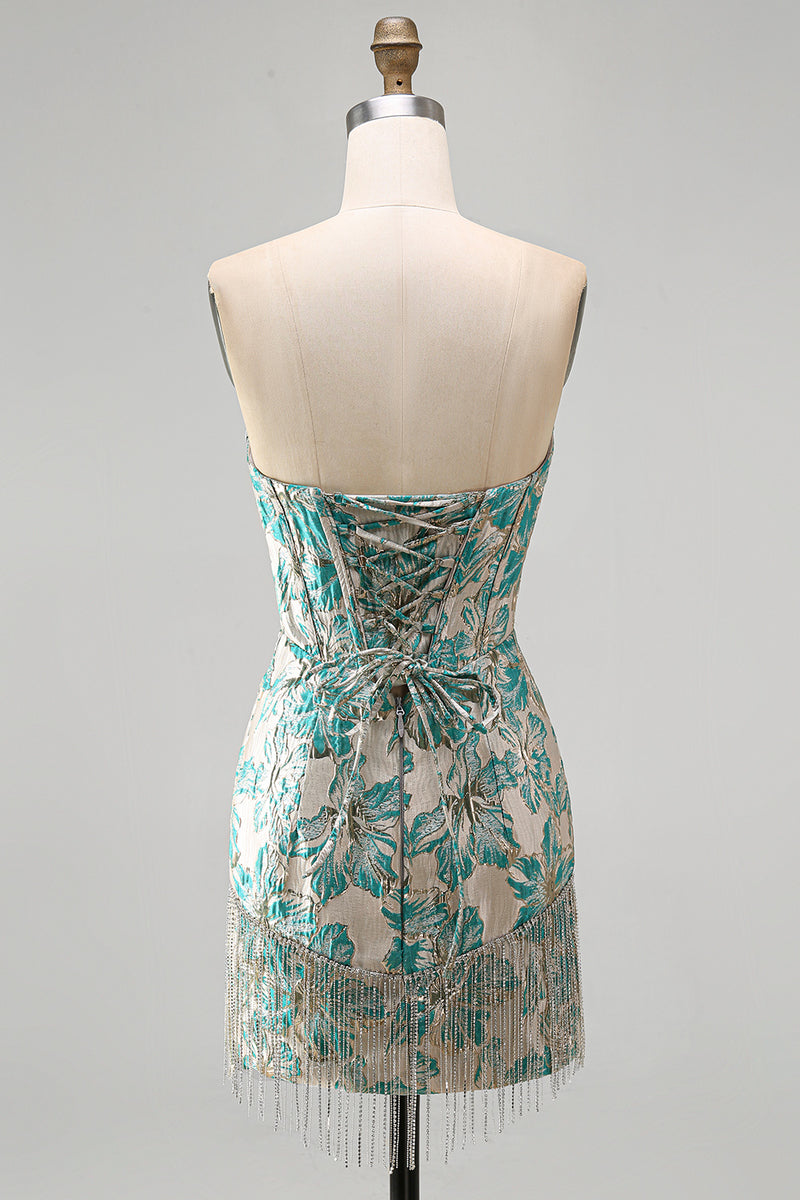 Load image into Gallery viewer, Light Blue Jacquard Tight Short Corset Cocktail Dress with Fringes