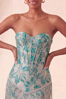 Load image into Gallery viewer, Light Blue Jacquard Tight Short Corset Cocktail Dress with Fringes