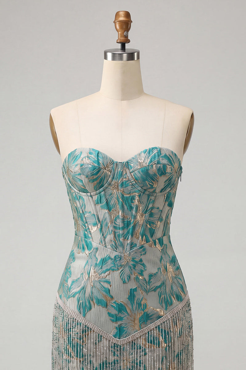Load image into Gallery viewer, Light Blue Jacquard Tight Short Corset Cocktail Dress with Fringes