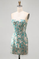 Load image into Gallery viewer, Light Blue Jacquard Tight Short Corset Cocktail Dress with Fringes