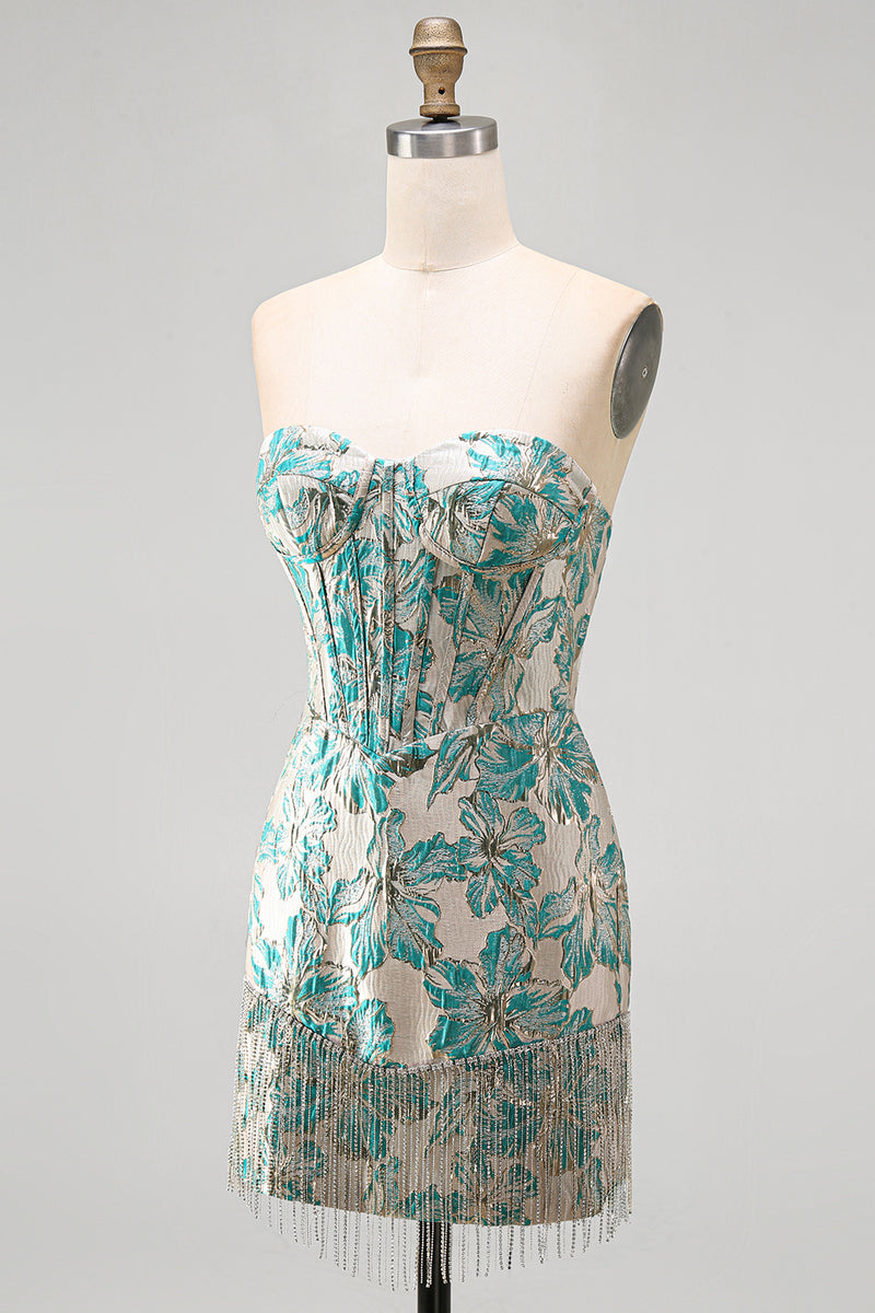 Load image into Gallery viewer, Light Blue Jacquard Tight Short Corset Cocktail Dress with Fringes