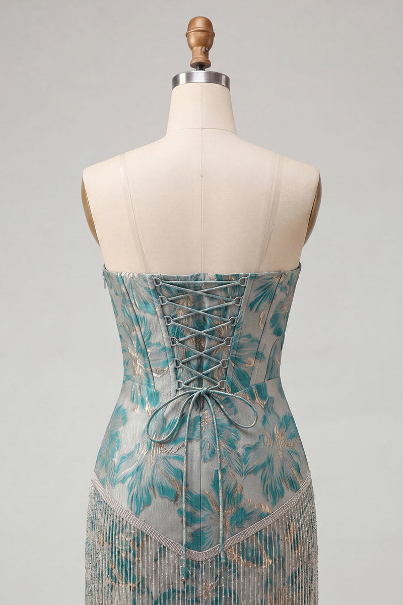 Load image into Gallery viewer, Light Blue Jacquard Tight Short Corset Cocktail Dress with Fringes