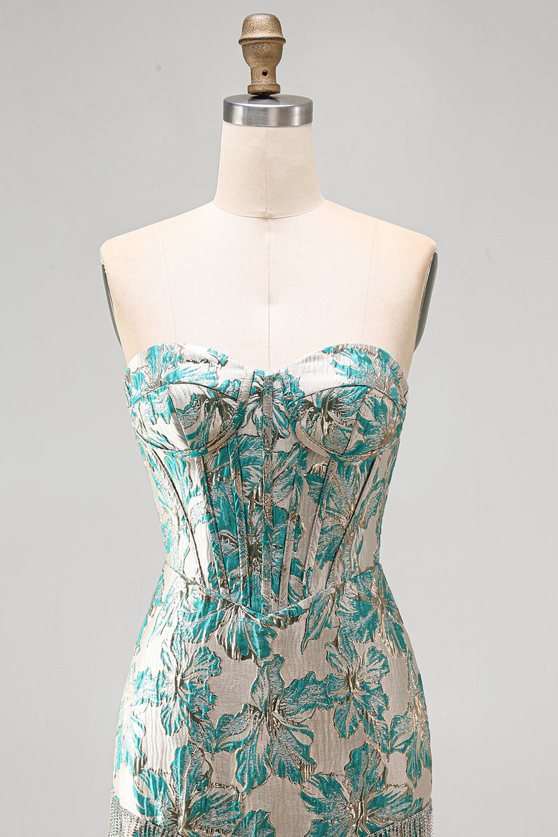 Load image into Gallery viewer, Light Blue Jacquard Tight Short Corset Cocktail Dress with Fringes