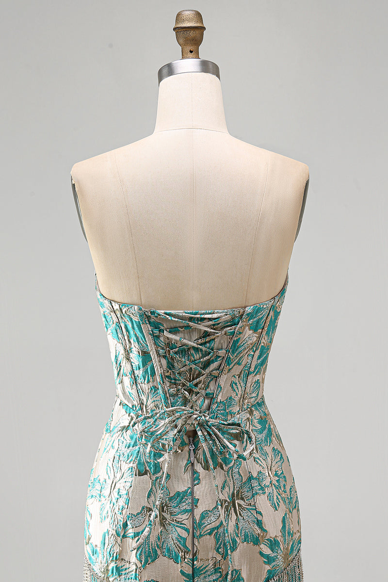 Load image into Gallery viewer, Light Blue Jacquard Tight Short Corset Cocktail Dress with Fringes