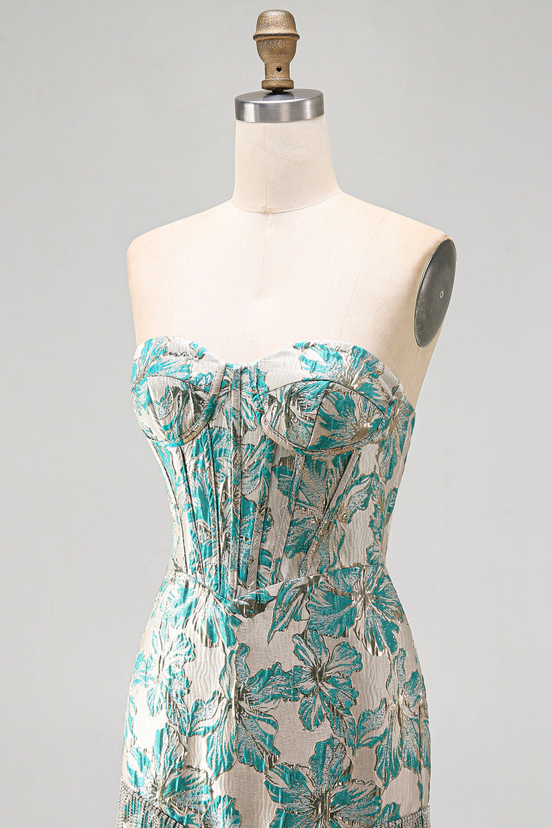 Load image into Gallery viewer, Light Blue Jacquard Tight Short Corset Cocktail Dress with Fringes