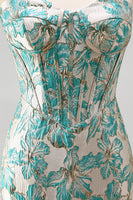 Load image into Gallery viewer, Light Blue Jacquard Tight Short Corset Cocktail Dress with Fringes