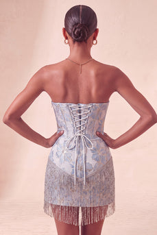 Light Blue Jacquard Tight Short Corset Cocktail Dress with Fringes