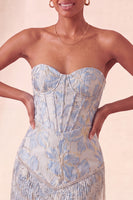 Load image into Gallery viewer, Light Blue Jacquard Tight Short Corset Cocktail Dress with Fringes