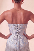 Load image into Gallery viewer, Light Blue Jacquard Tight Short Corset Cocktail Dress with Fringes