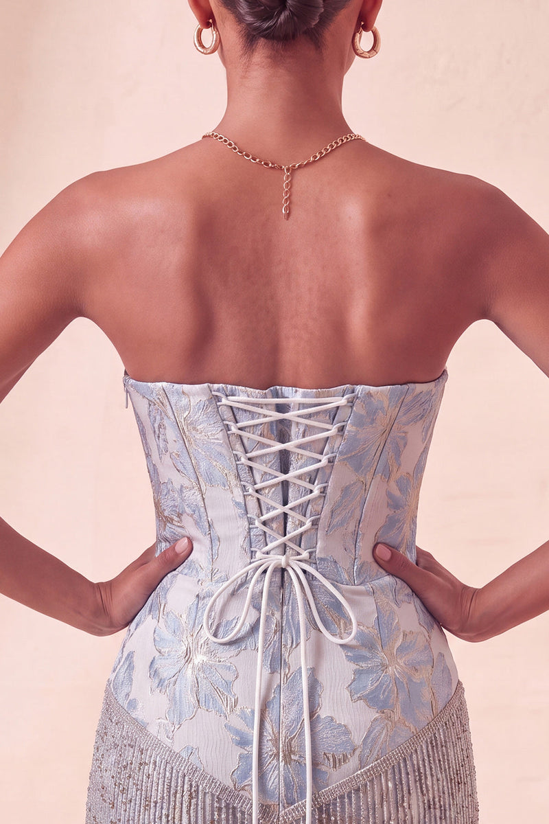 Load image into Gallery viewer, Light Blue Jacquard Tight Short Corset Cocktail Dress with Fringes