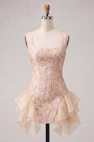 Load image into Gallery viewer, Lake Blue Jacquard Square Neck Tight Short Cocktail Dress with Ruffles