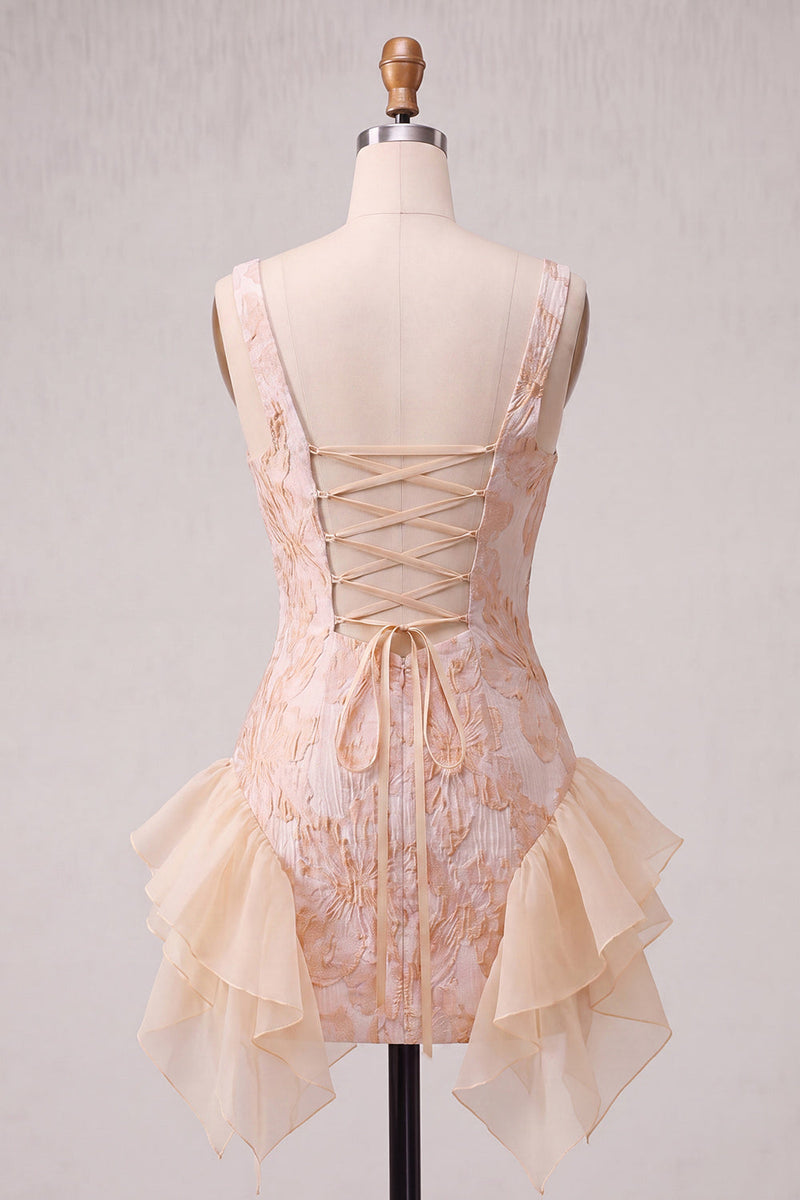 Load image into Gallery viewer, Lake Blue Jacquard Square Neck Tight Short Cocktail Dress with Ruffles
