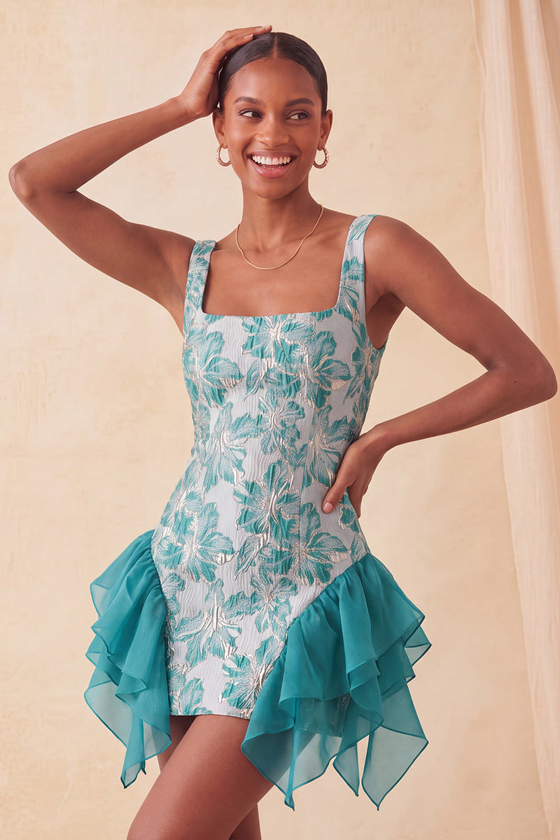 Load image into Gallery viewer, Lake Blue Jacquard Square Neck Tight Short Cocktail Dress with Ruffles