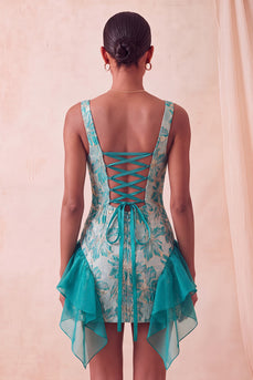 Lake Blue Jacquard Square Neck Tight Short Cocktail Dress with Ruffles