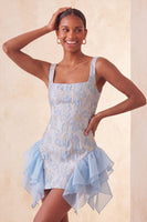 Load image into Gallery viewer, Lake Blue Jacquard Square Neck Tight Short Cocktail Dress with Ruffles