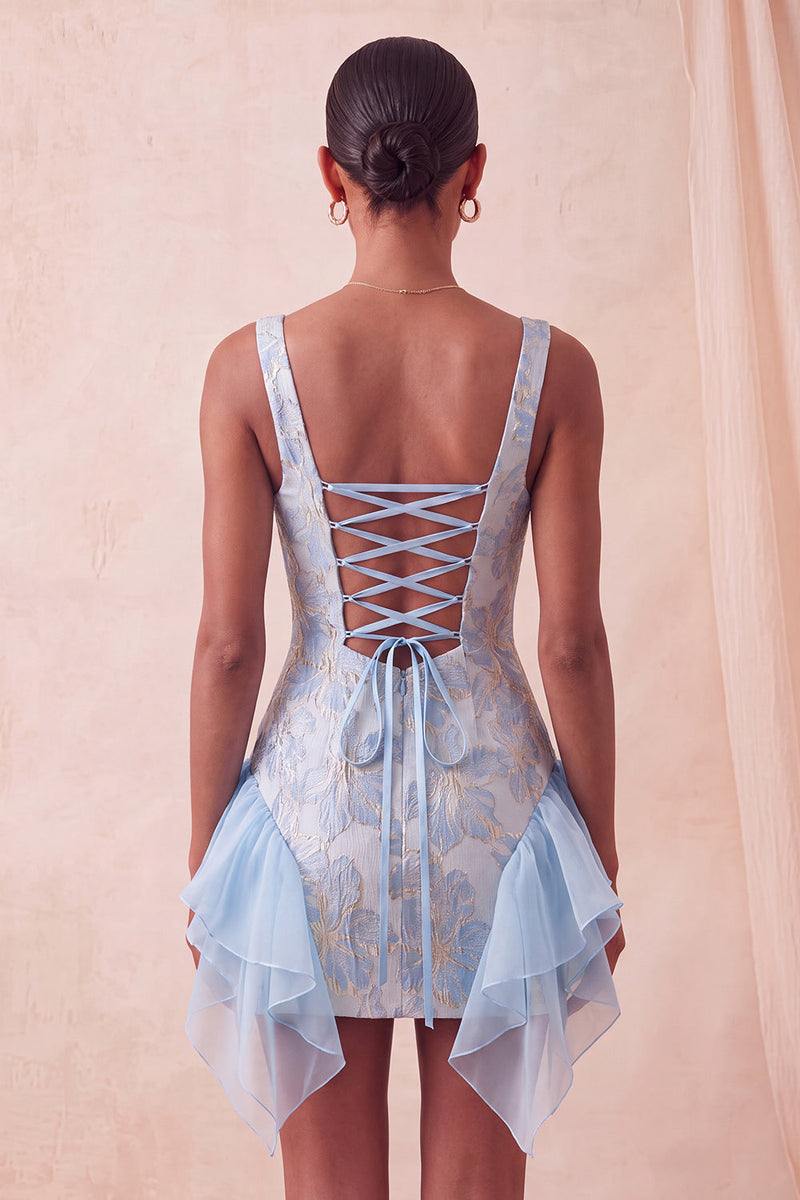 Load image into Gallery viewer, Lake Blue Jacquard Square Neck Tight Short Cocktail Dress with Ruffles
