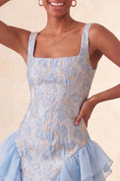 Load image into Gallery viewer, Lake Blue Jacquard Square Neck Tight Short Cocktail Dress with Ruffles