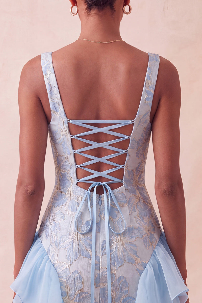 Load image into Gallery viewer, Lake Blue Jacquard Square Neck Tight Short Cocktail Dress with Ruffles