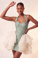 Load image into Gallery viewer, Dusty Sage Jacquard Ruffled Halter Tight Short Cocktail Dress