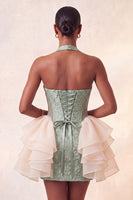 Load image into Gallery viewer, Dusty Sage Jacquard Ruffled Halter Tight Short Cocktail Dress