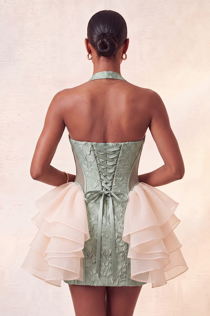 Load image into Gallery viewer, Dusty Sage Jacquard Ruffled Halter Tight Short Cocktail Dress
