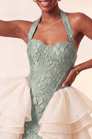 Load image into Gallery viewer, Dusty Sage Jacquard Ruffled Halter Tight Short Cocktail Dress