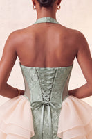 Load image into Gallery viewer, Dusty Sage Jacquard Ruffled Halter Tight Short Cocktail Dress