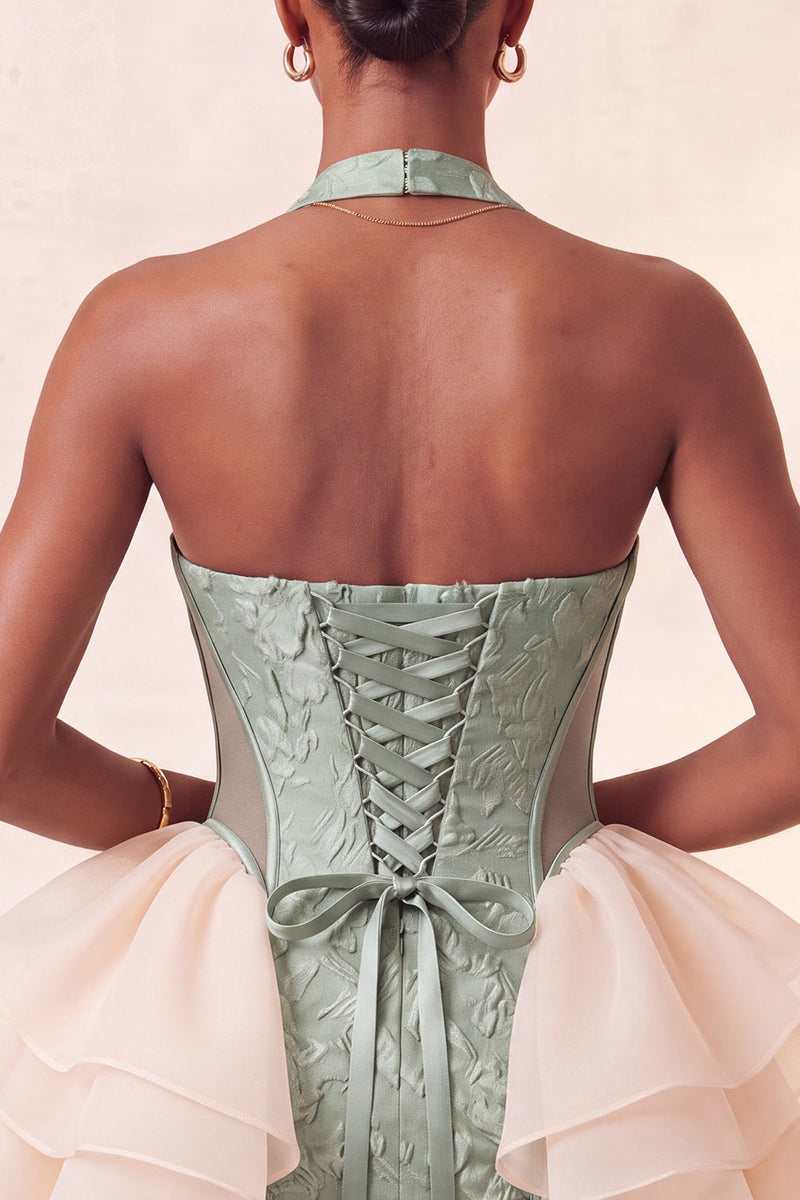 Load image into Gallery viewer, Dusty Sage Jacquard Ruffled Halter Tight Short Cocktail Dress