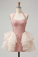 Load image into Gallery viewer, Dusty Sage Jacquard Ruffled Halter Tight Short Cocktail Dress