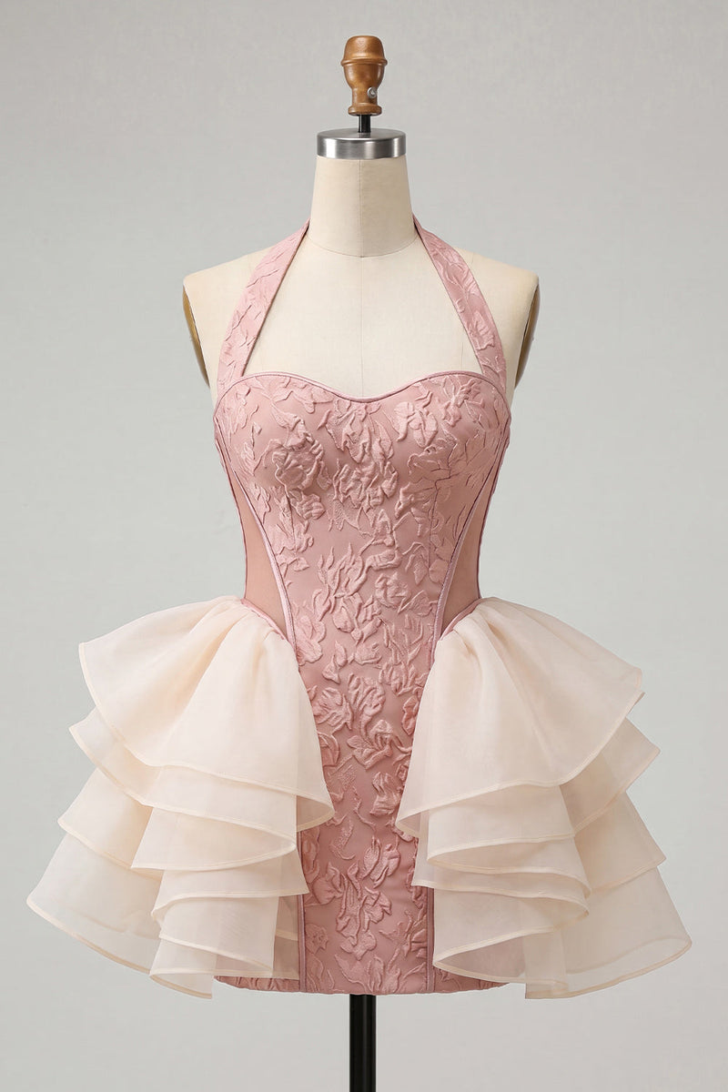Load image into Gallery viewer, Dusty Sage Jacquard Ruffled Halter Tight Short Cocktail Dress