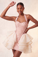 Load image into Gallery viewer, Dusty Sage Jacquard Ruffled Halter Tight Short Cocktail Dress