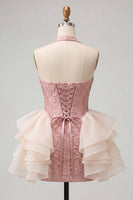 Load image into Gallery viewer, Dusty Sage Jacquard Ruffled Halter Tight Short Cocktail Dress