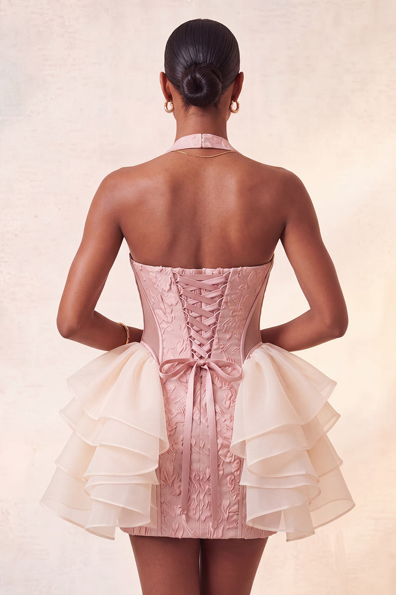 Load image into Gallery viewer, Dusty Sage Jacquard Ruffled Halter Tight Short Cocktail Dress