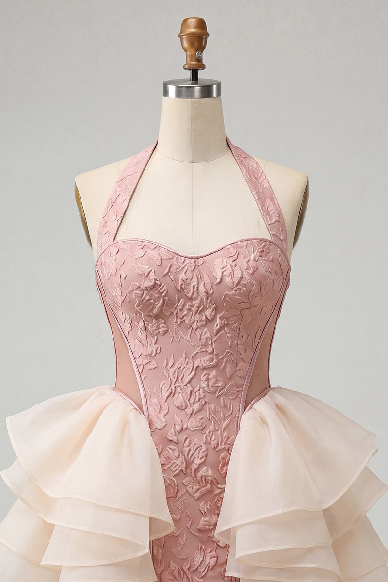 Load image into Gallery viewer, Dusty Sage Jacquard Ruffled Halter Tight Short Cocktail Dress