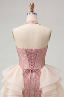 Load image into Gallery viewer, Dusty Sage Jacquard Ruffled Halter Tight Short Cocktail Dress