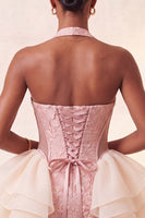 Load image into Gallery viewer, Dusty Sage Jacquard Ruffled Halter Tight Short Cocktail Dress