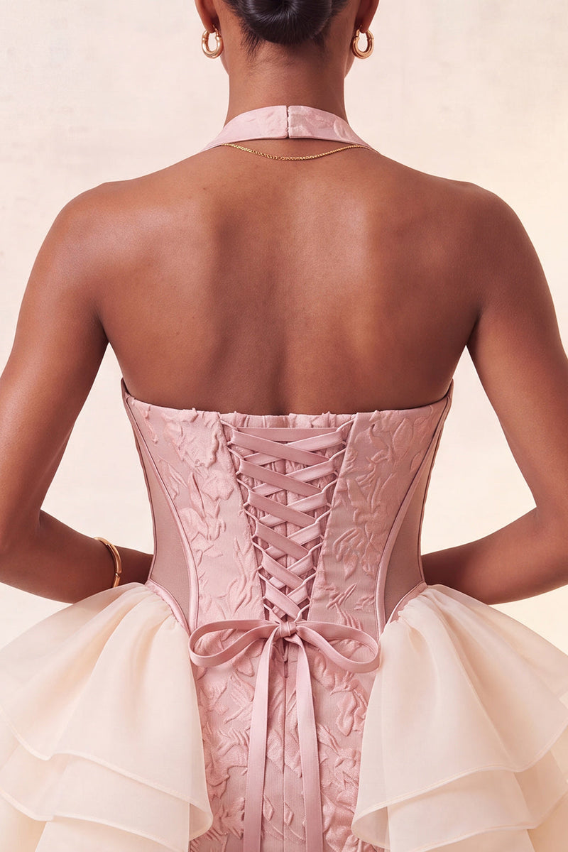 Load image into Gallery viewer, Dusty Sage Jacquard Ruffled Halter Tight Short Cocktail Dress