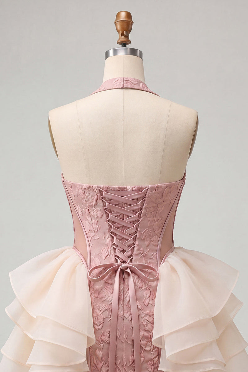 Load image into Gallery viewer, Dusty Sage Jacquard Ruffled Halter Tight Short Cocktail Dress