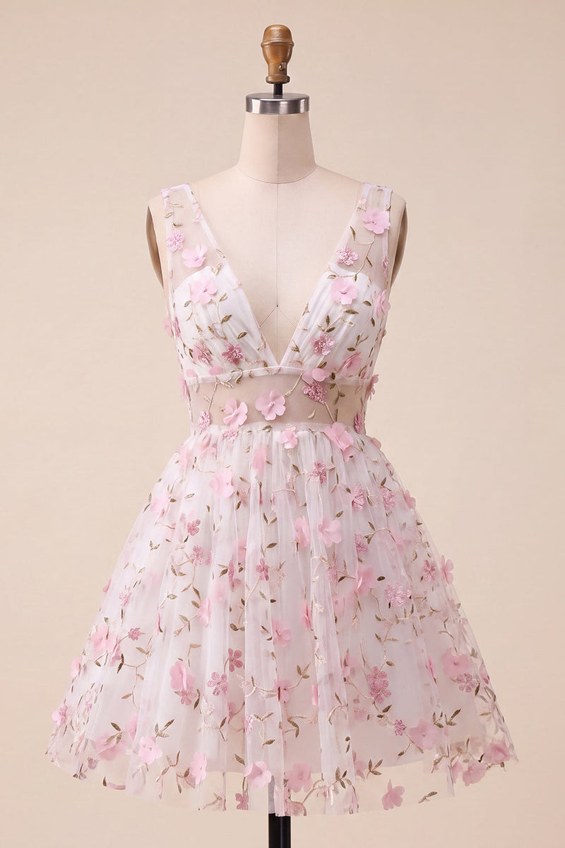 Load image into Gallery viewer, Light Yellow V Neck A Line Short Cocktail Dress with 3D Flowers
